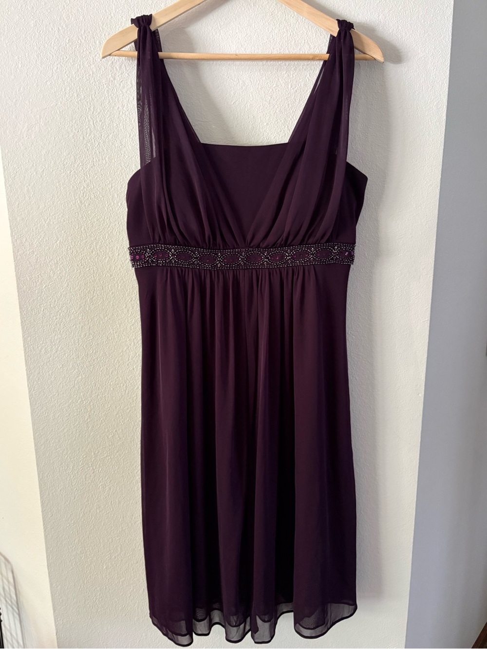 Homecoming Cocktail Plum Chiffon Midi Dress with Beaded Waist 10 Empire Waist